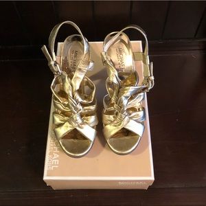 Michael Kors Metallic Gold Leather Strappy Sandals Heels. Size 8